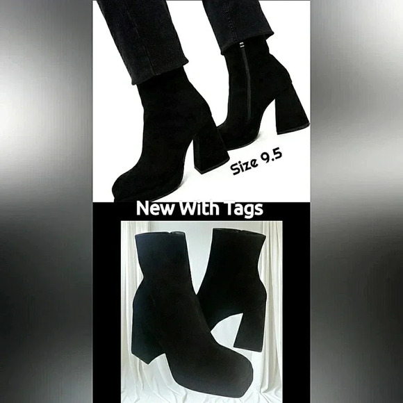 G B Retro 9.5 Black Suede Platform Grunge Chunky Square-Toe Whimsigoth Punk - Picture 1 of 5